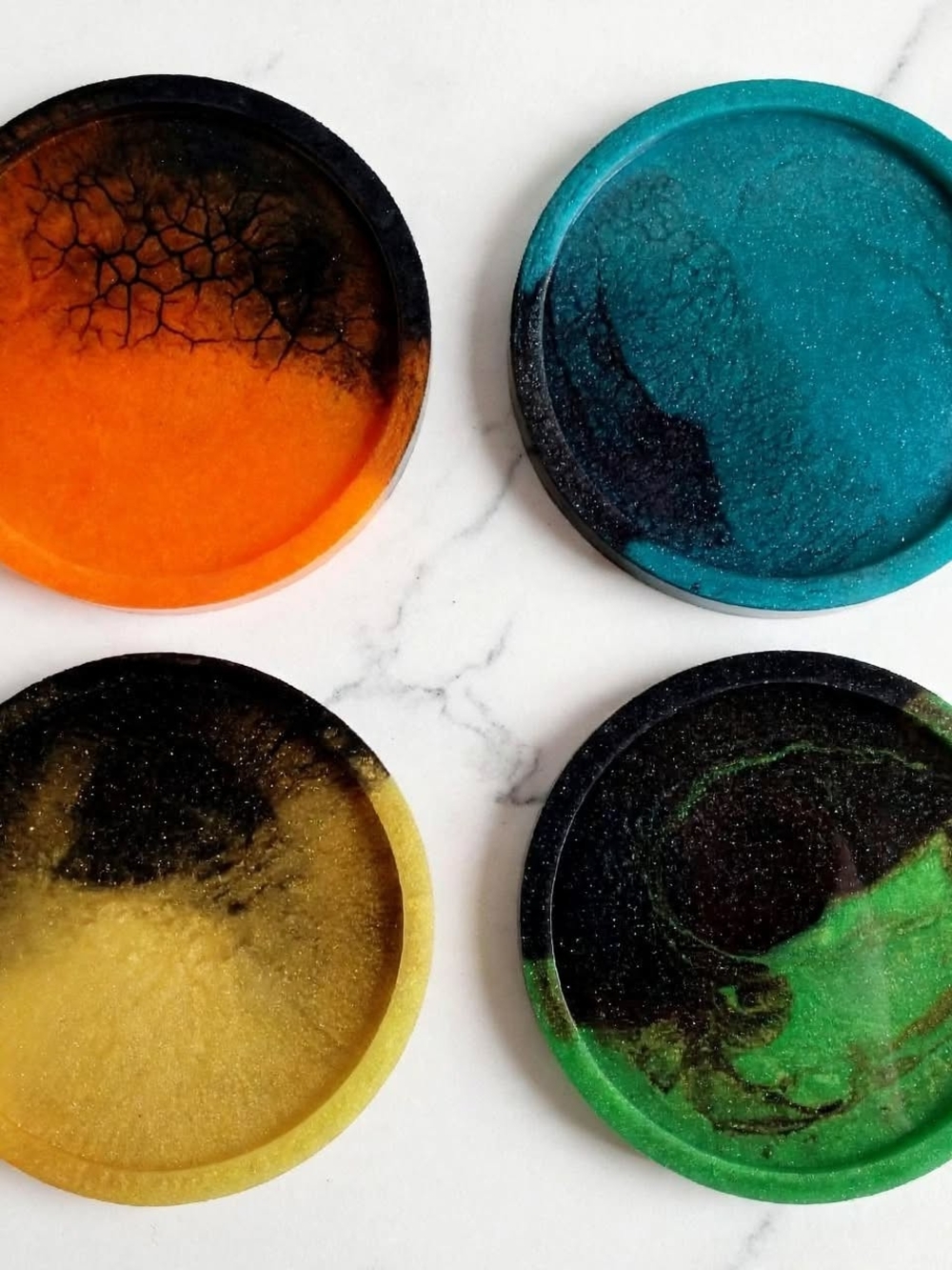 Handmade Mixed Media Coaster Set — Orange, Teal, Gold, Green